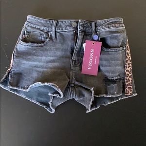 high rise jean shorts; cheetah print side stripes